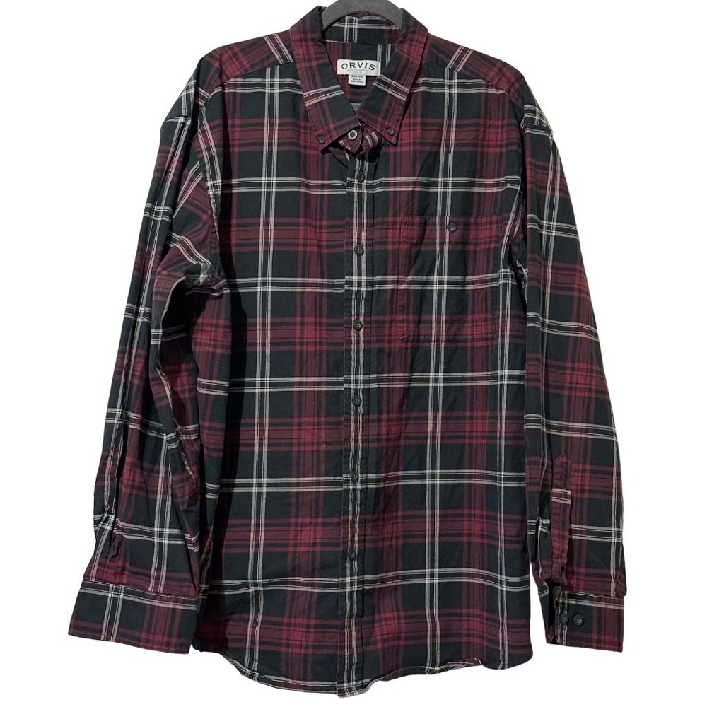 Orvis men's size XXL 100% cotton maroon plaid chest pockets LS button down shirt